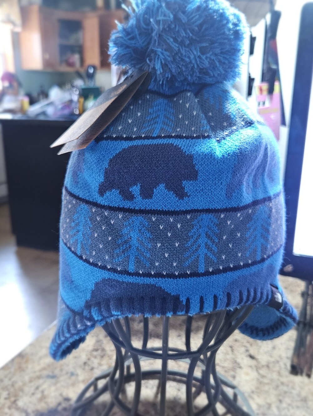 Kids North Face Pom-Pom Winter Hat with Bear Motif